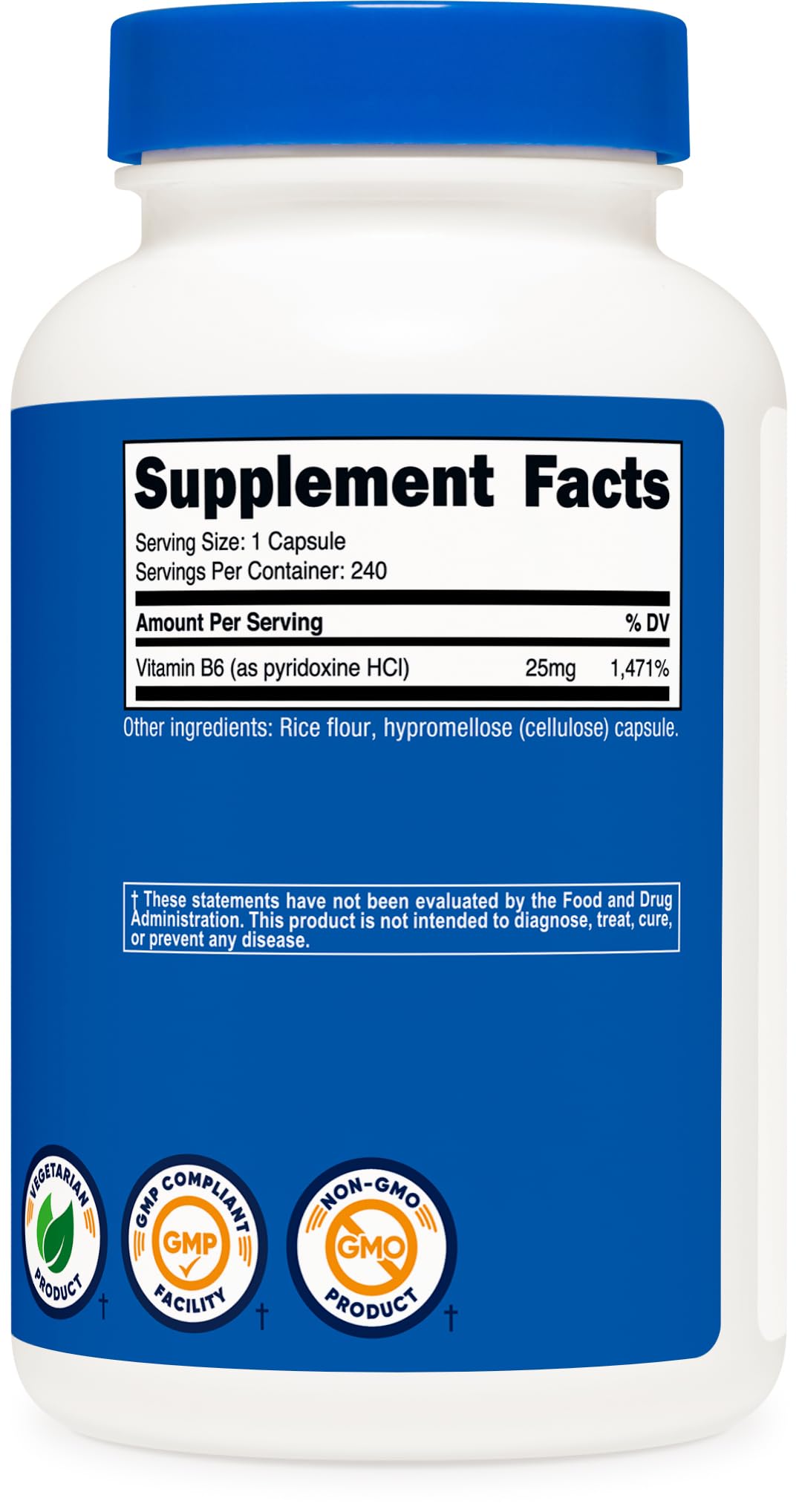 Nutricost Vitamin B6 25mg capsule with non-GMO badge and simple ingredients