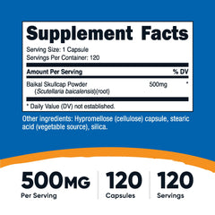 Nutricost Baikal Skullcap capsules closeup shows 500mg per capsule.