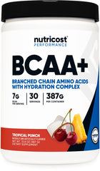 Nutricost BCAA Hydration Tropical Punch tub ready for gym hydration and recovery.
