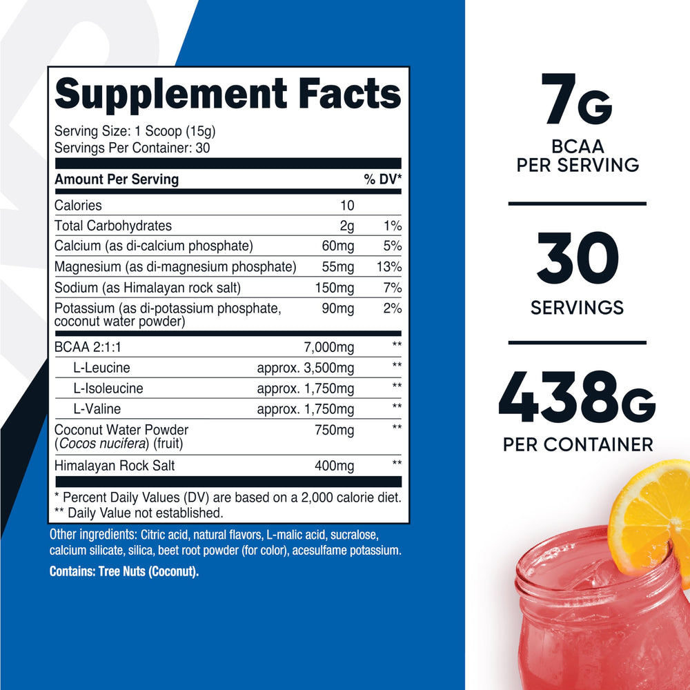 Nutricost BCAA + Hydration Raspberry Lemonade glass shows refreshing flavor for training sessions.