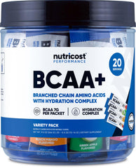 Nutricost BCAA+ Hydration Variety Pack in 20-stickpacks for on-the-go hydration.