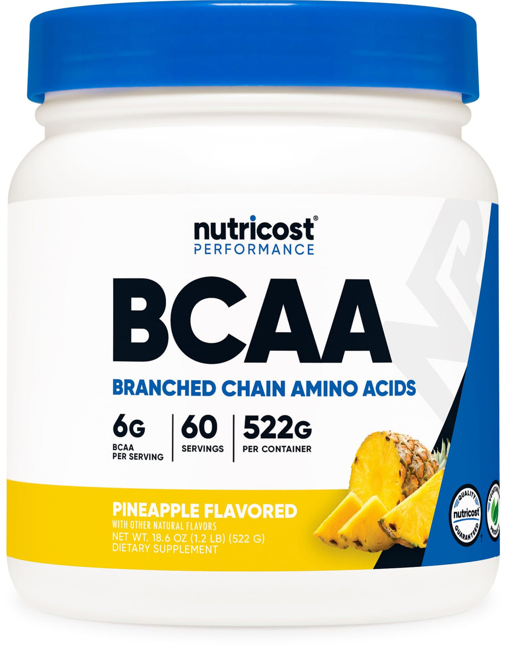 Nutricost BCAA Pineapple bottle for refreshing flavor and workout recovery support.