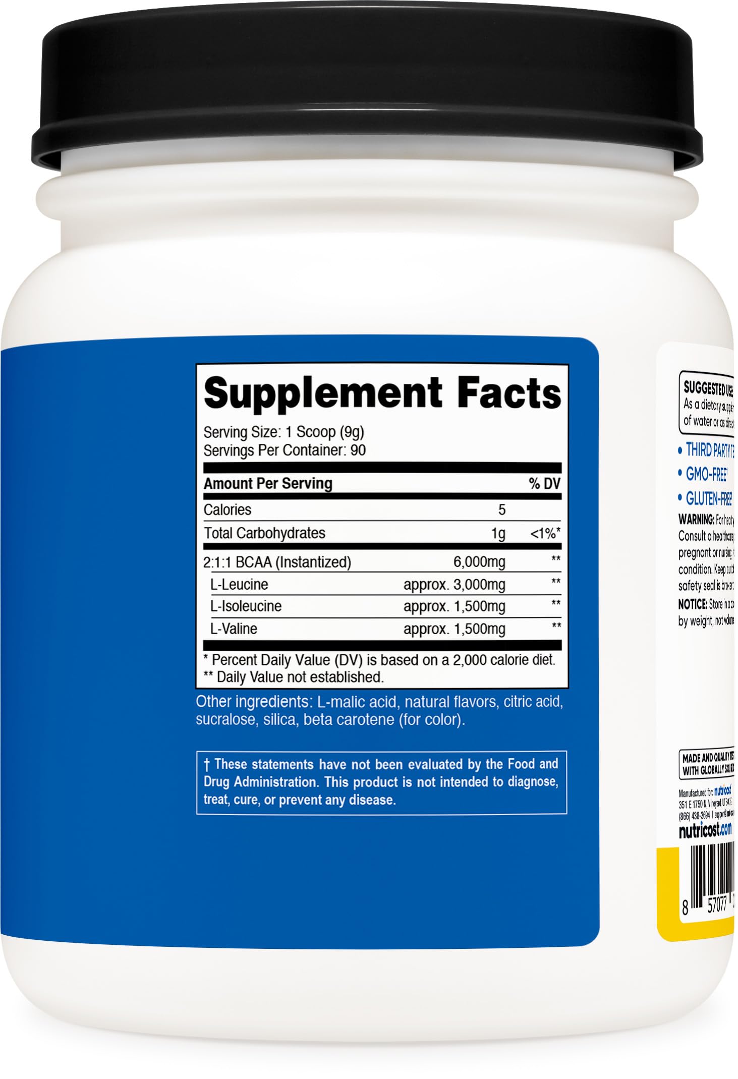 Nutricost BCAA Pineapple label showing NSF and ISO quality seals