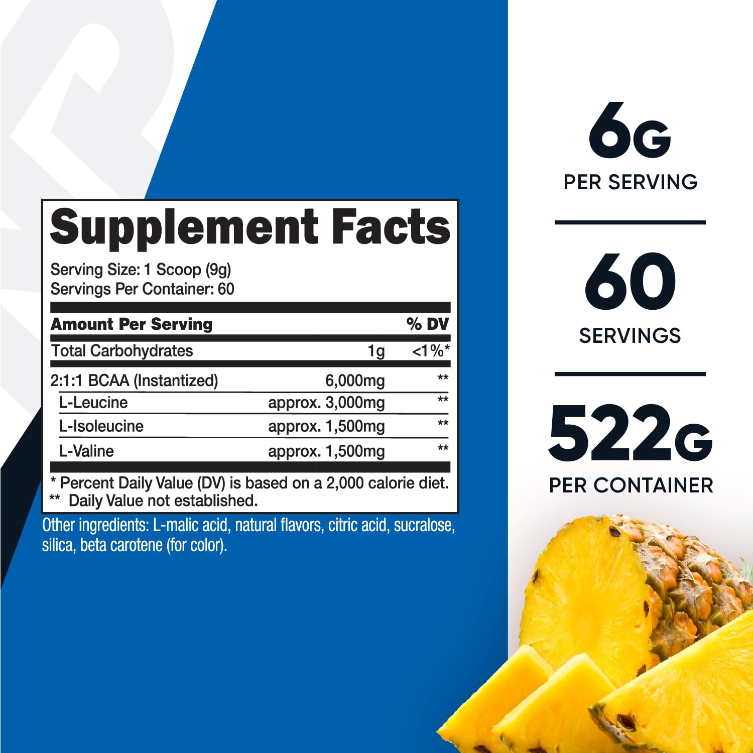 Nutricost BCAA Pineapple powder scoop shows precise 6g serving for workouts.