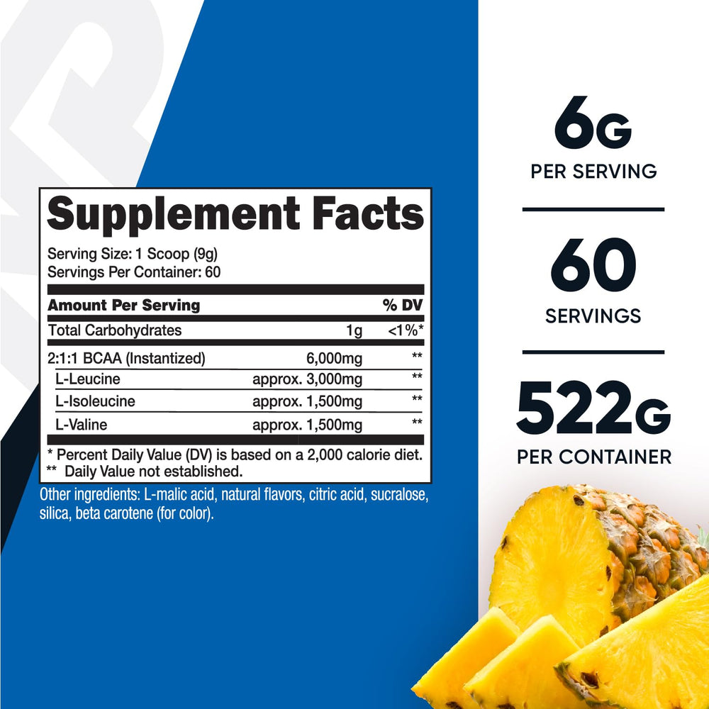 Nutricost BCAA Pineapple powder scoop shows precise 6g serving for workouts.