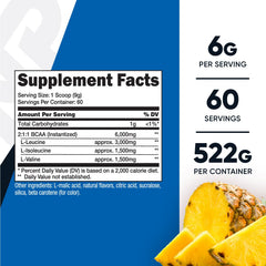 Nutricost BCAA Pineapple powder scoop shows precise 6g serving for workouts.