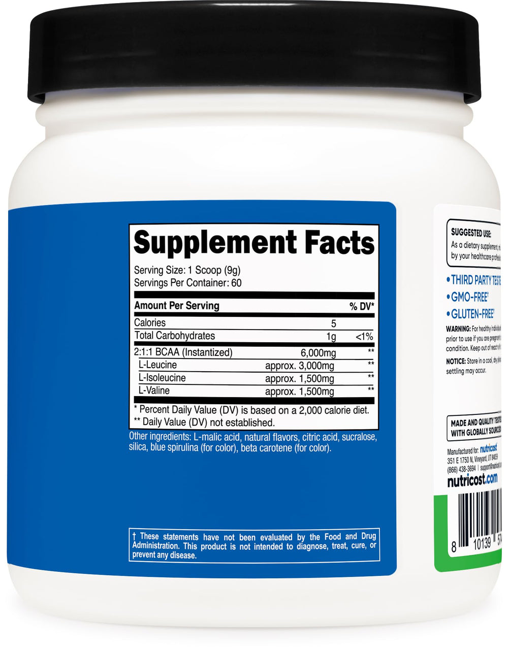 Nutricost BCAA powder container front showing 60 servings.