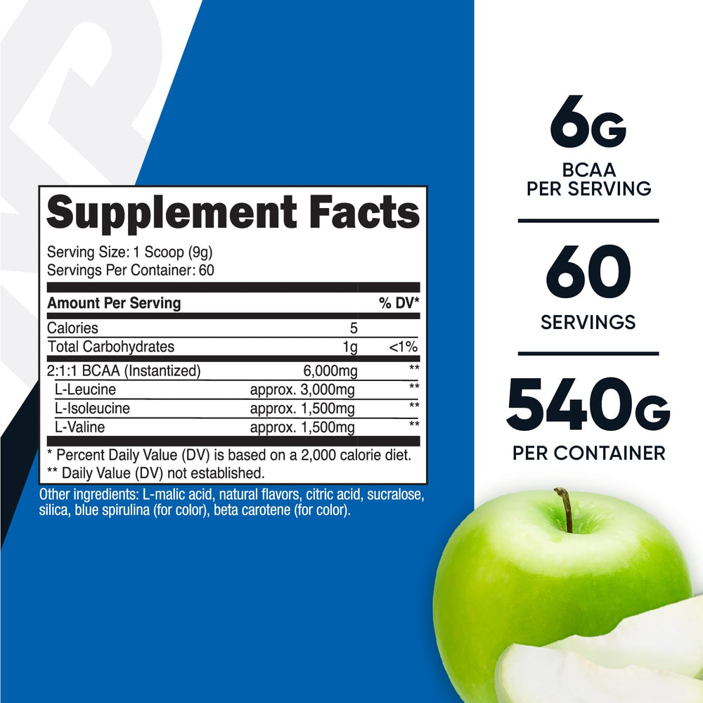 Scoop of Nutricost BCAA powder green apple ready to mix.