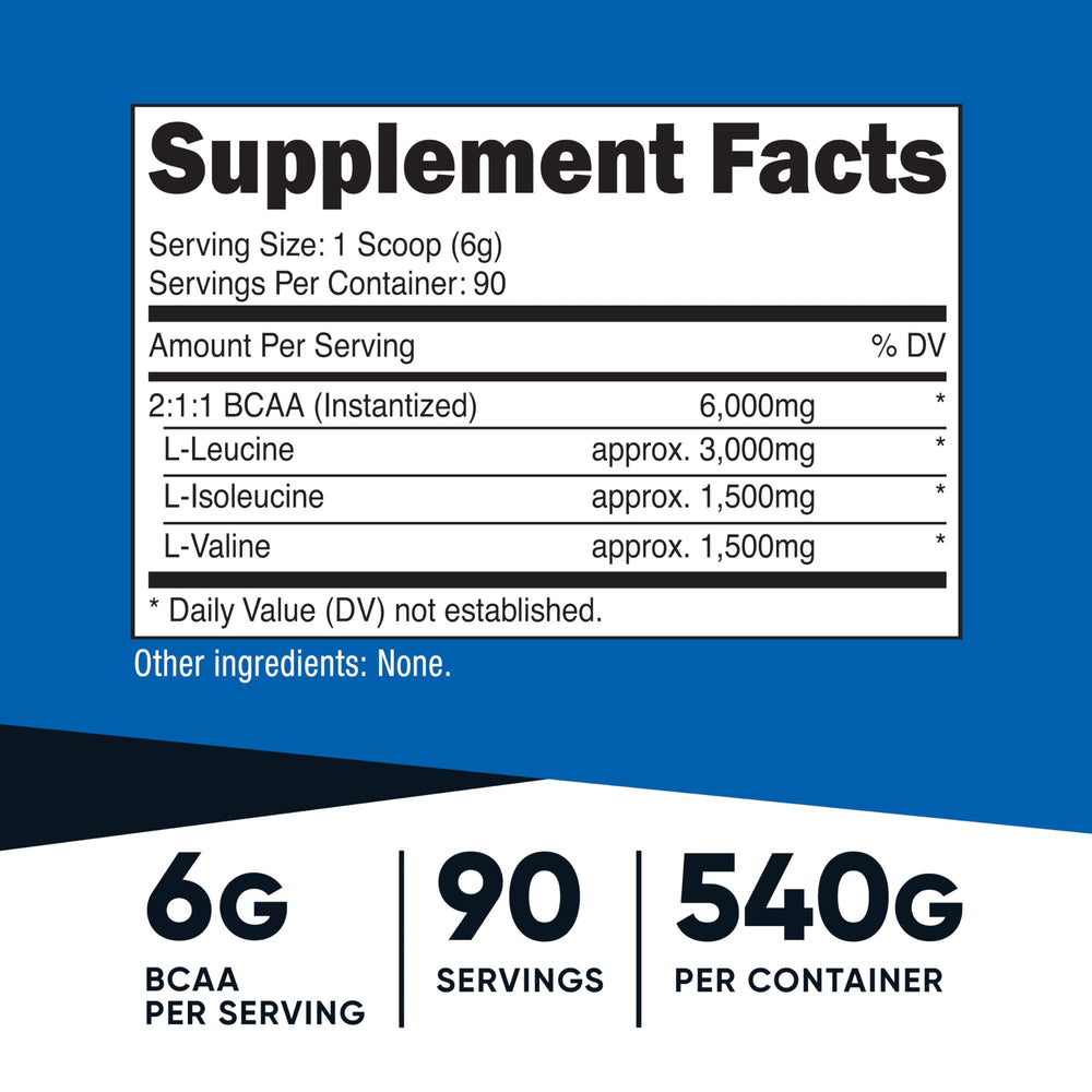 Nutricost BCAA Powder bottle with scoop ready for pre- or post-workout use