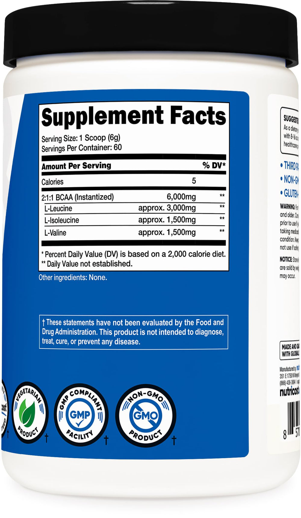 Nutricost BCAA powder label highlights GMP and FDA registered facility.