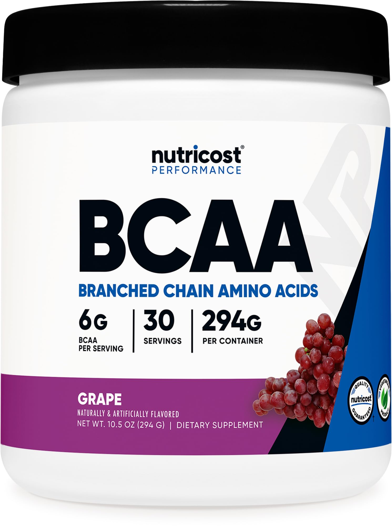 Nutricost BCAA Powder grape bottle shows 30-serving workout supply