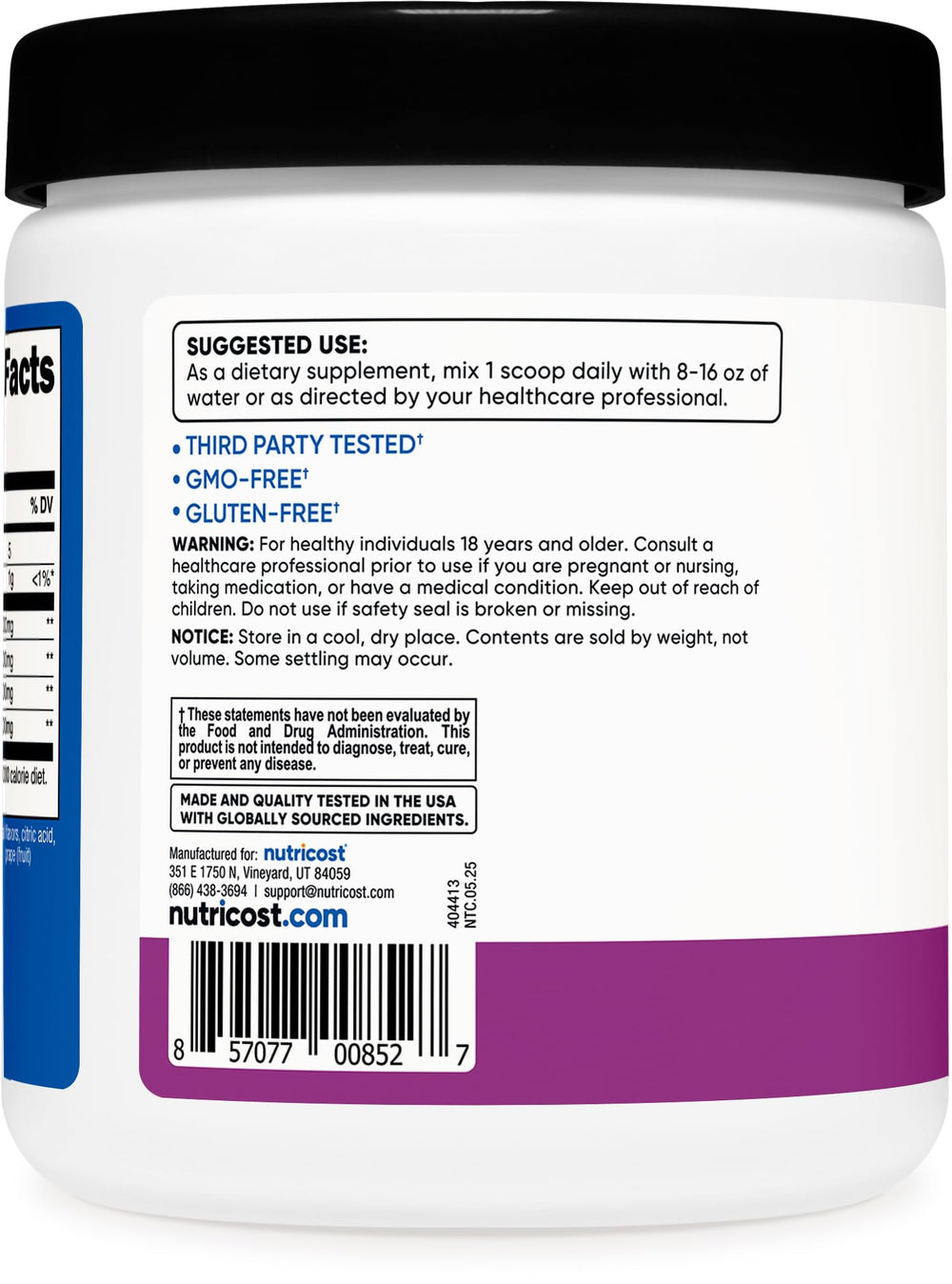 Nutricost BCAA Powder grape label highlights ingredients and ratio