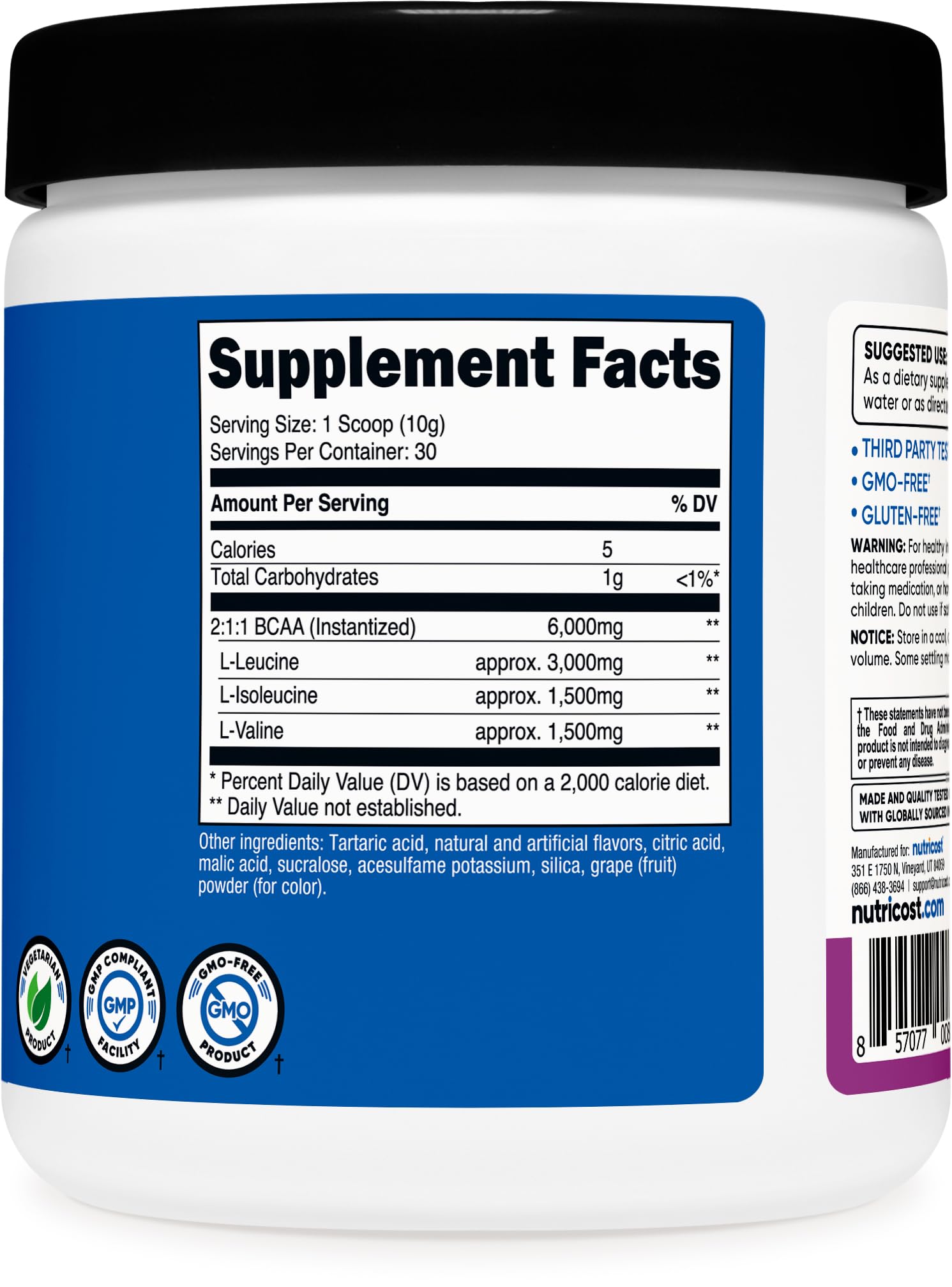 Nutricost BCAA Powder grape testing-lab seal ensures quality