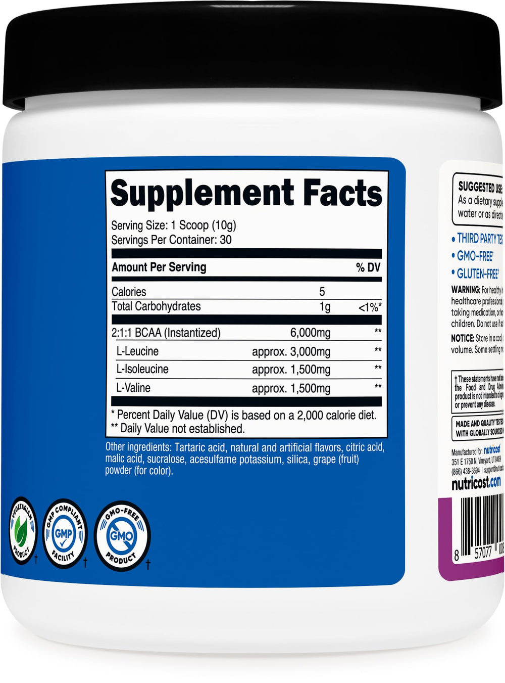 Nutricost BCAA Powder grape testing-lab seal ensures quality