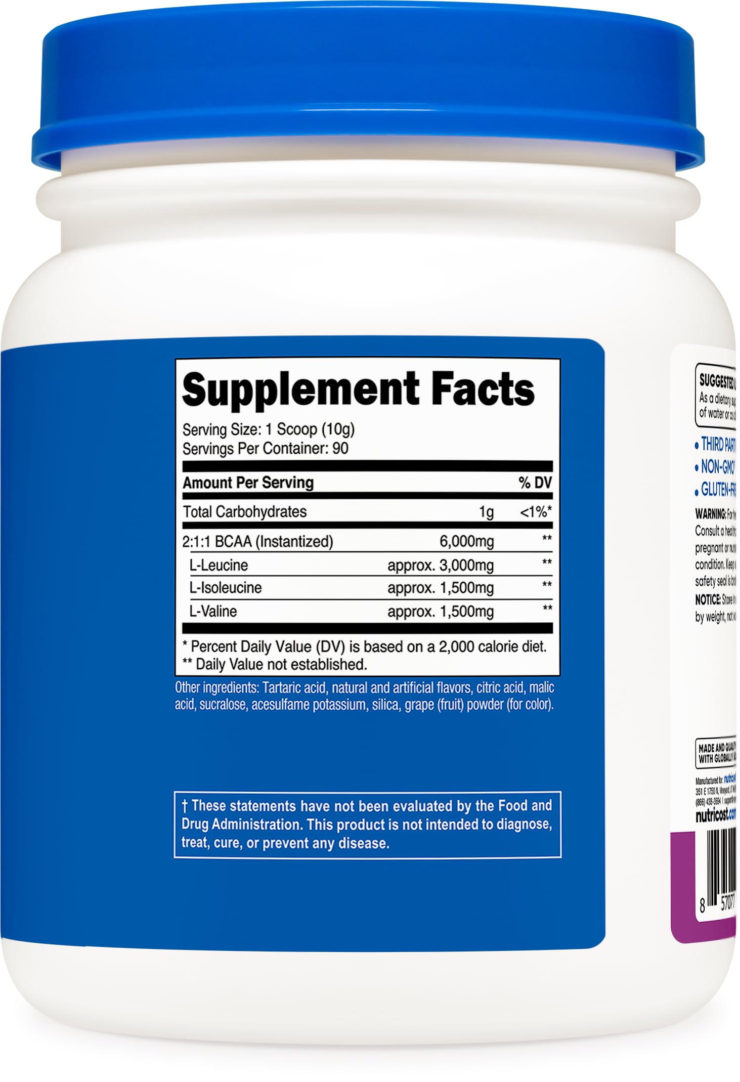 Nutricost BCAA Powder grape tub with scoop ready to mix