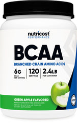 Nutricost BCAA powder in green apple bottle ready to mix after workouts