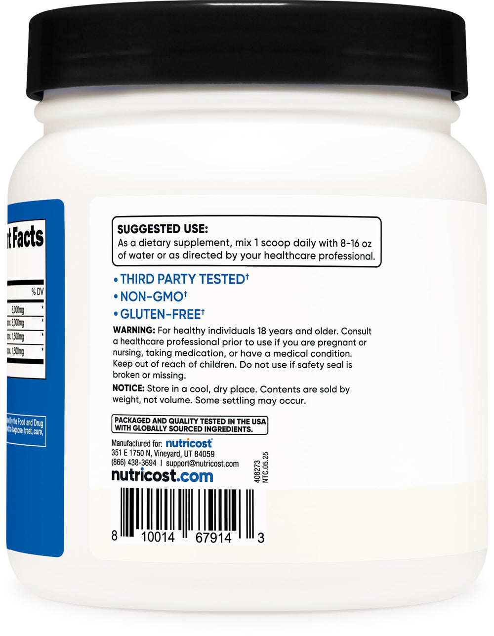 Nutricost BCAA Powder back label displays 2:1:1 ratio details