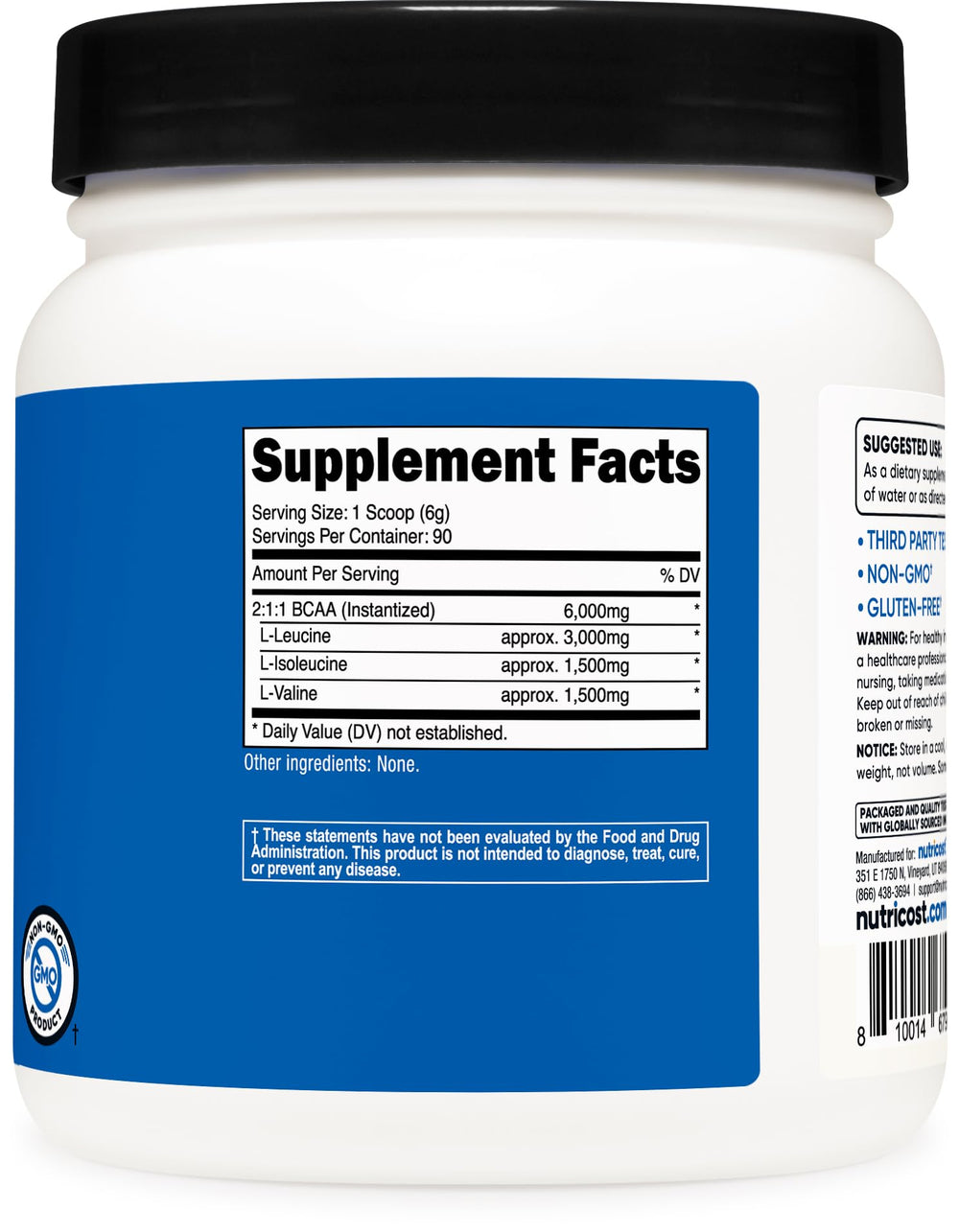 Nutricost BCAA Powder bottle beside a glass for mixing and drinking