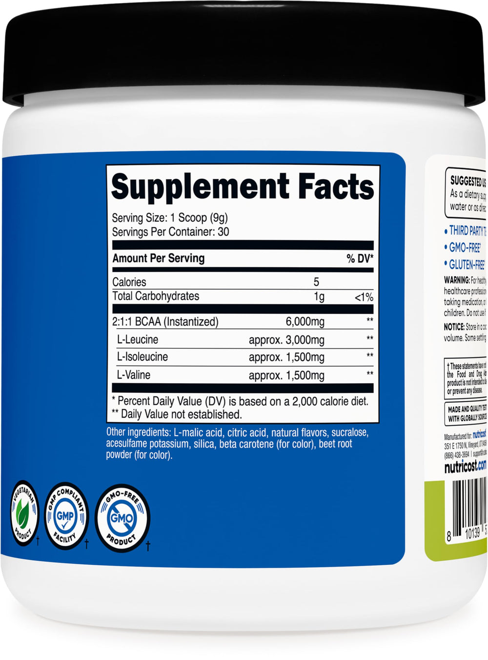 Nutricost BCAA Powder Peach Pear ingredients list for clean nutrition.