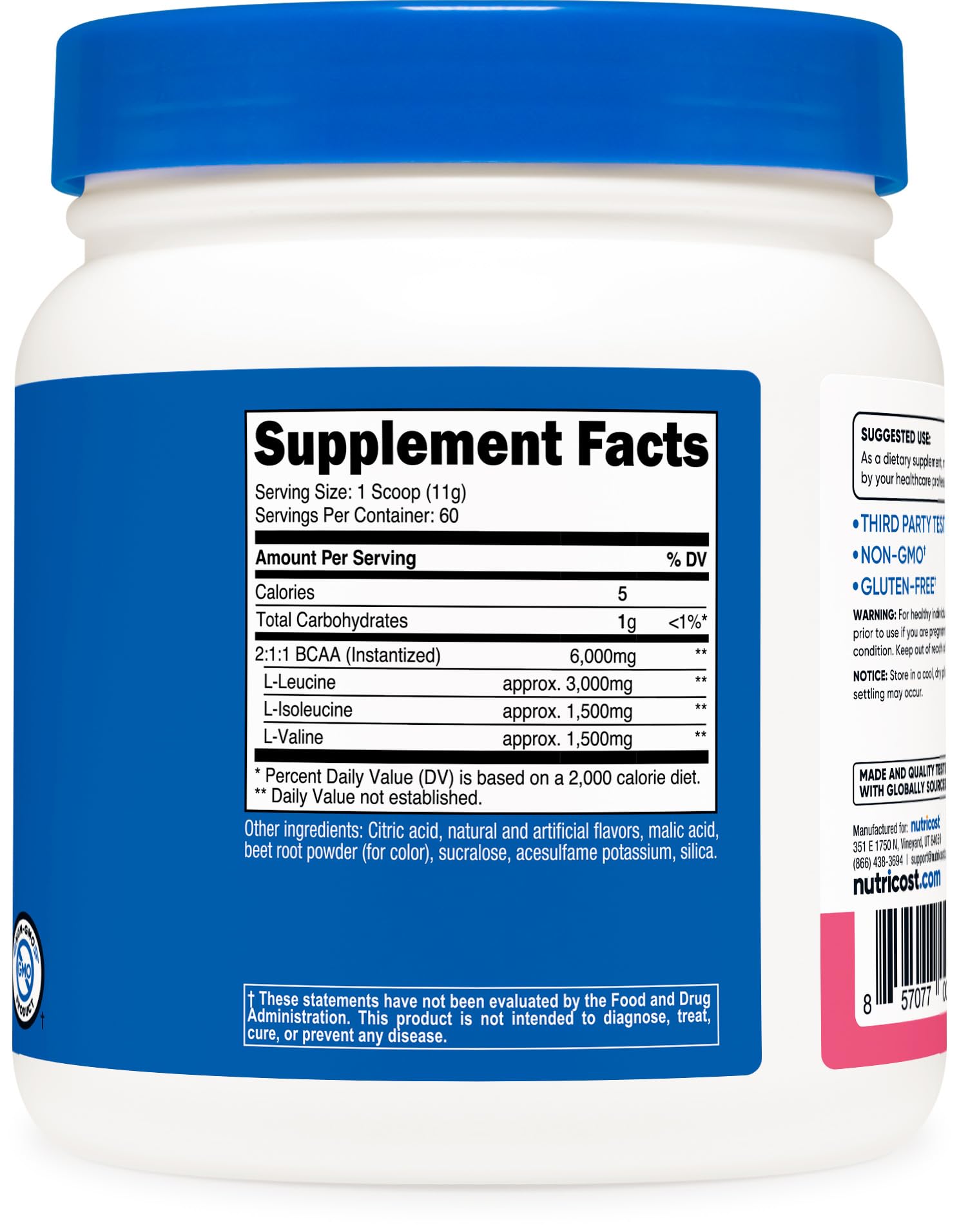 Nutricost BCAA Powder Raspberry Lemonade label highlights non-GMO and gluten-free specs.