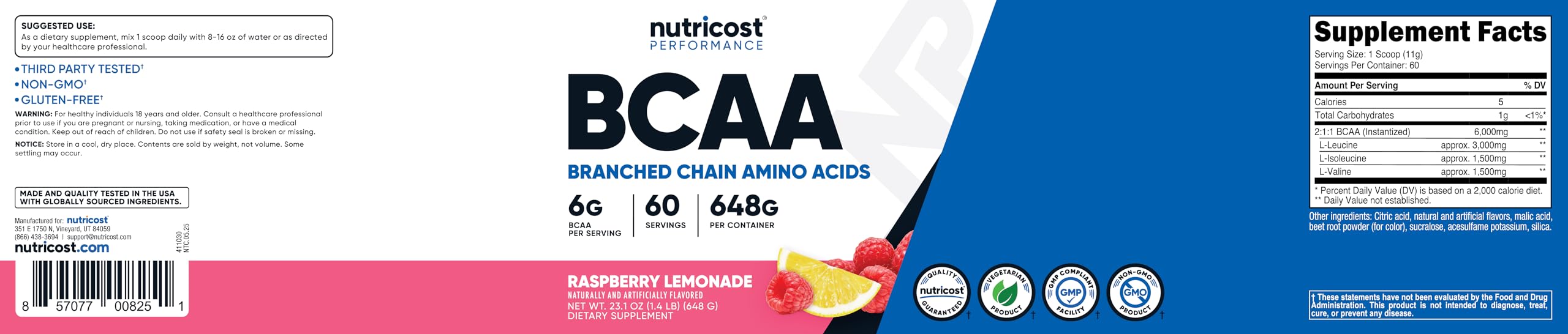 Nutricost BCAA Powder Raspberry Lemonade tub shows 60 servings.