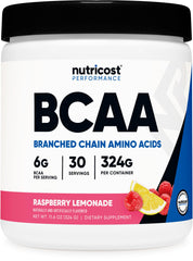 Nutricost BCAA Powder Raspberry Lemonade tub shown for versatile amino acid support.