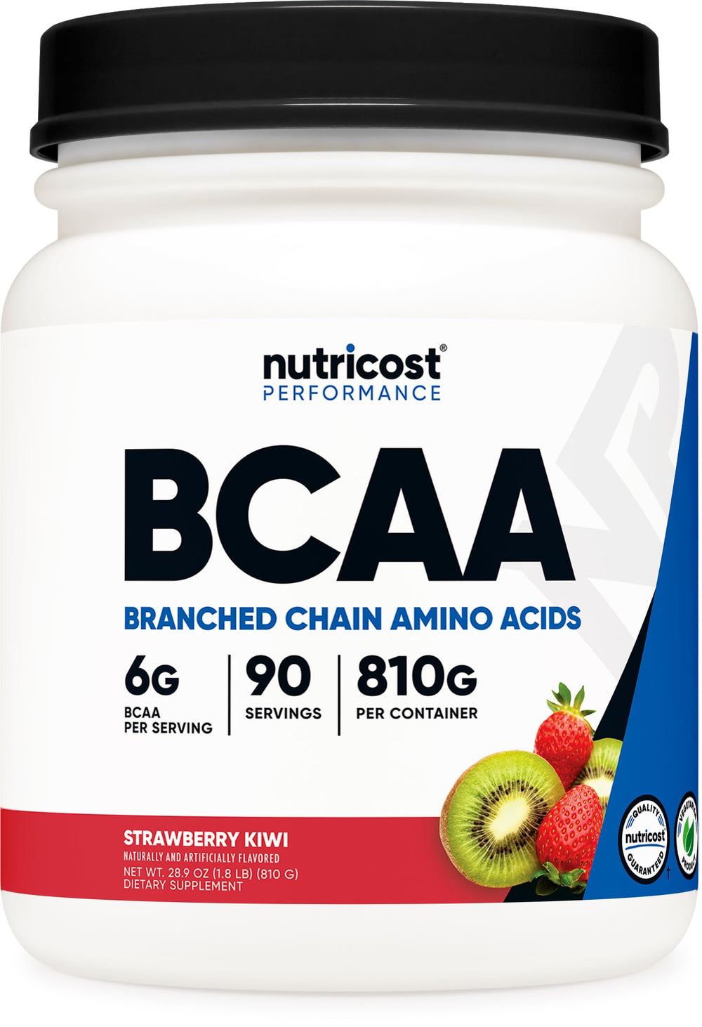 Nutricost BCAA powder bottle - Strawberry Kiwi, great for post-workout refreshment.