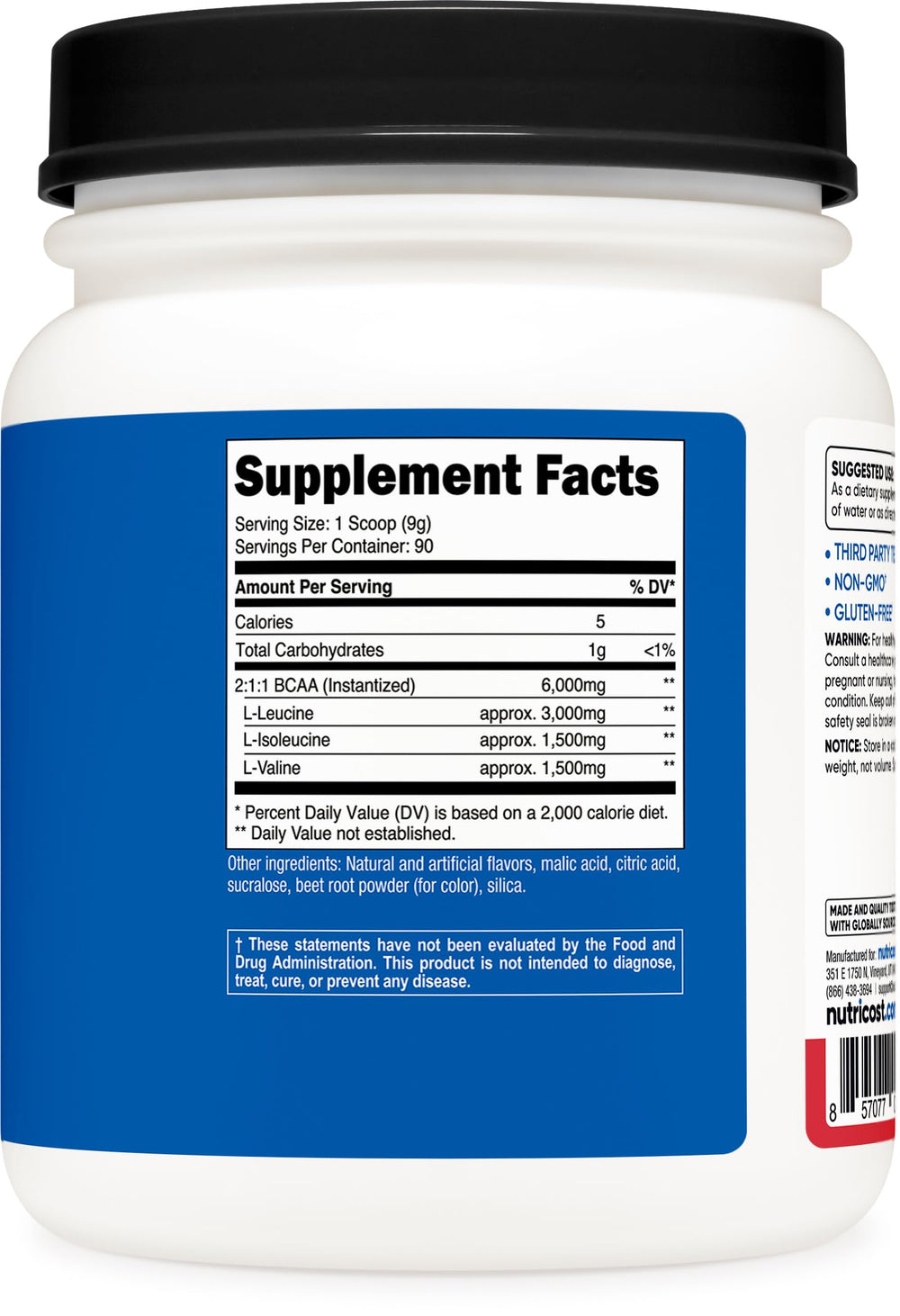 Nutricost BCAA powder label, 90 servings and quality certifications.