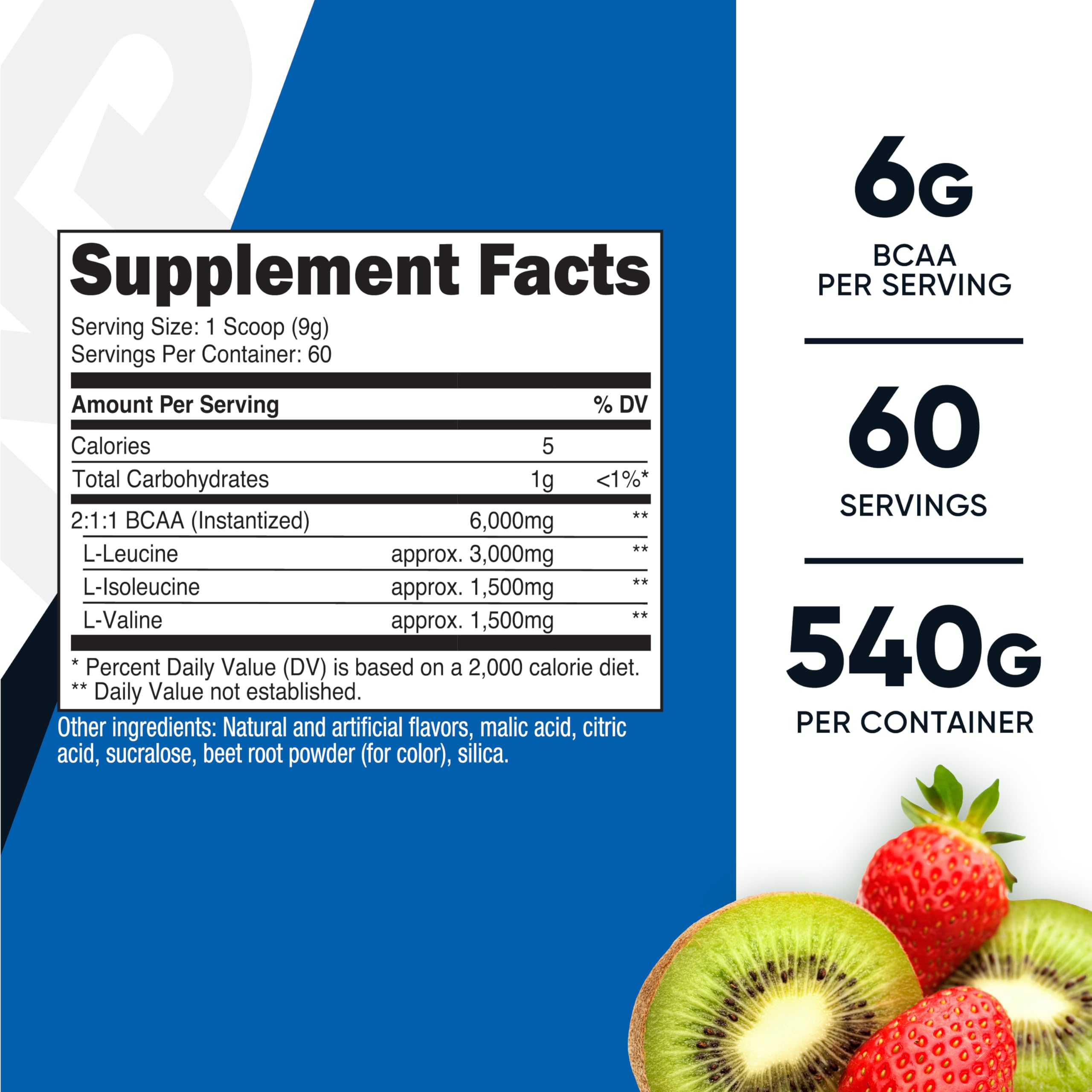 Nutricost BCAA Powder Strawberry Kiwi label highlighting 2:1:1 ratio for workouts