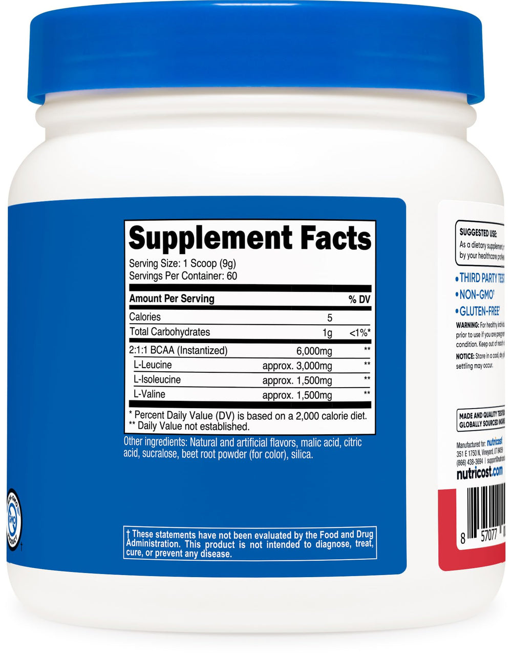 Nutrition panel on Nutricost BCAA Powder highlighting non-GMO and gluten-free features