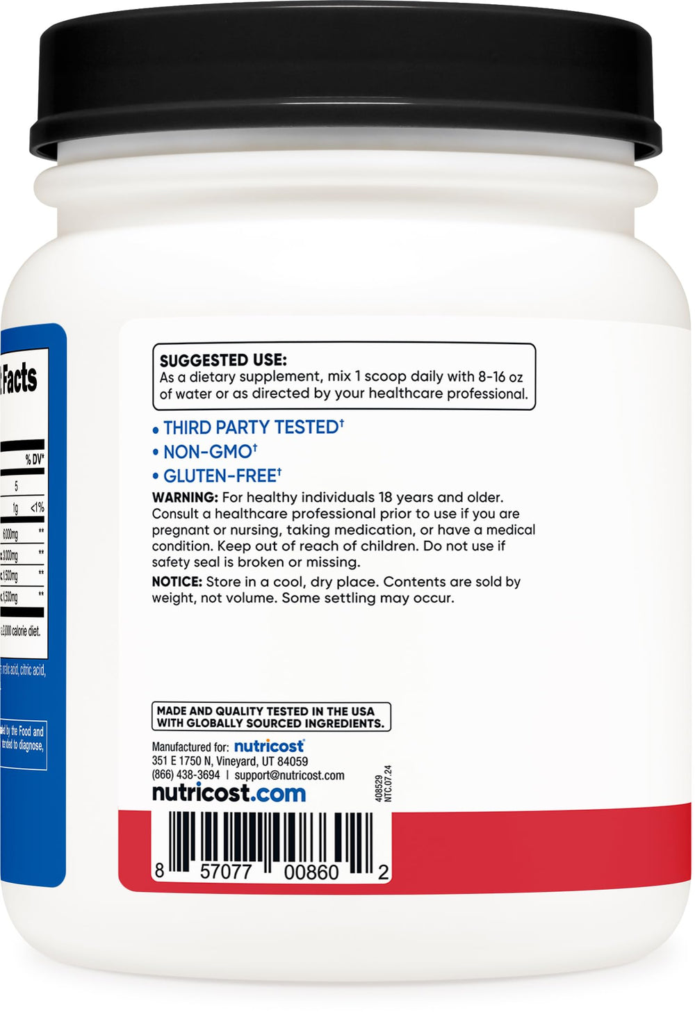 Nutricost BCAA powder serving scoop beside glass, convenient training nutrition.