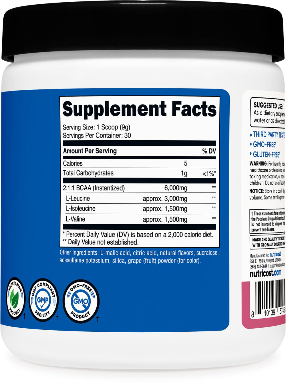 Packaging shows gluten free, GMO free, and third party tested seals.