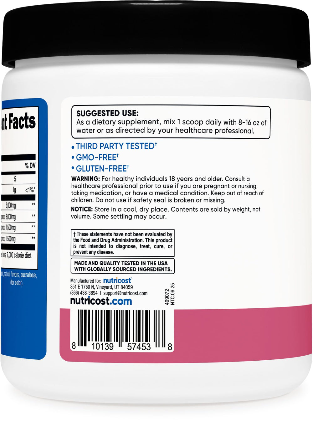 Vegetarian friendly Nutricost BCAA Powder packaging.