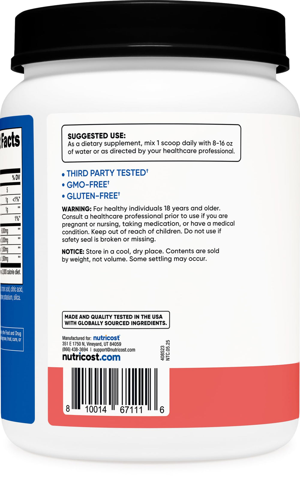 Nutricost BCAA Powder Watermelon bottle front displays label and ingredients.