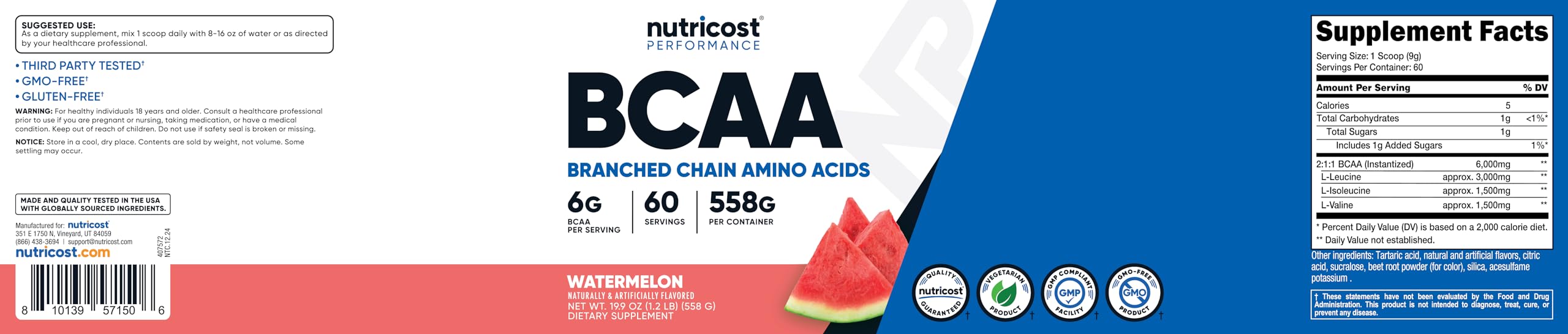 Nutricost BCAA Powder Watermelon glass pour showing refreshing workout boost