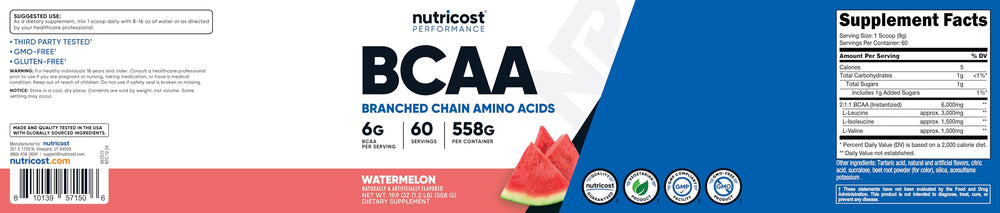 Nutricost BCAA Powder Watermelon glass pour showing refreshing workout boost