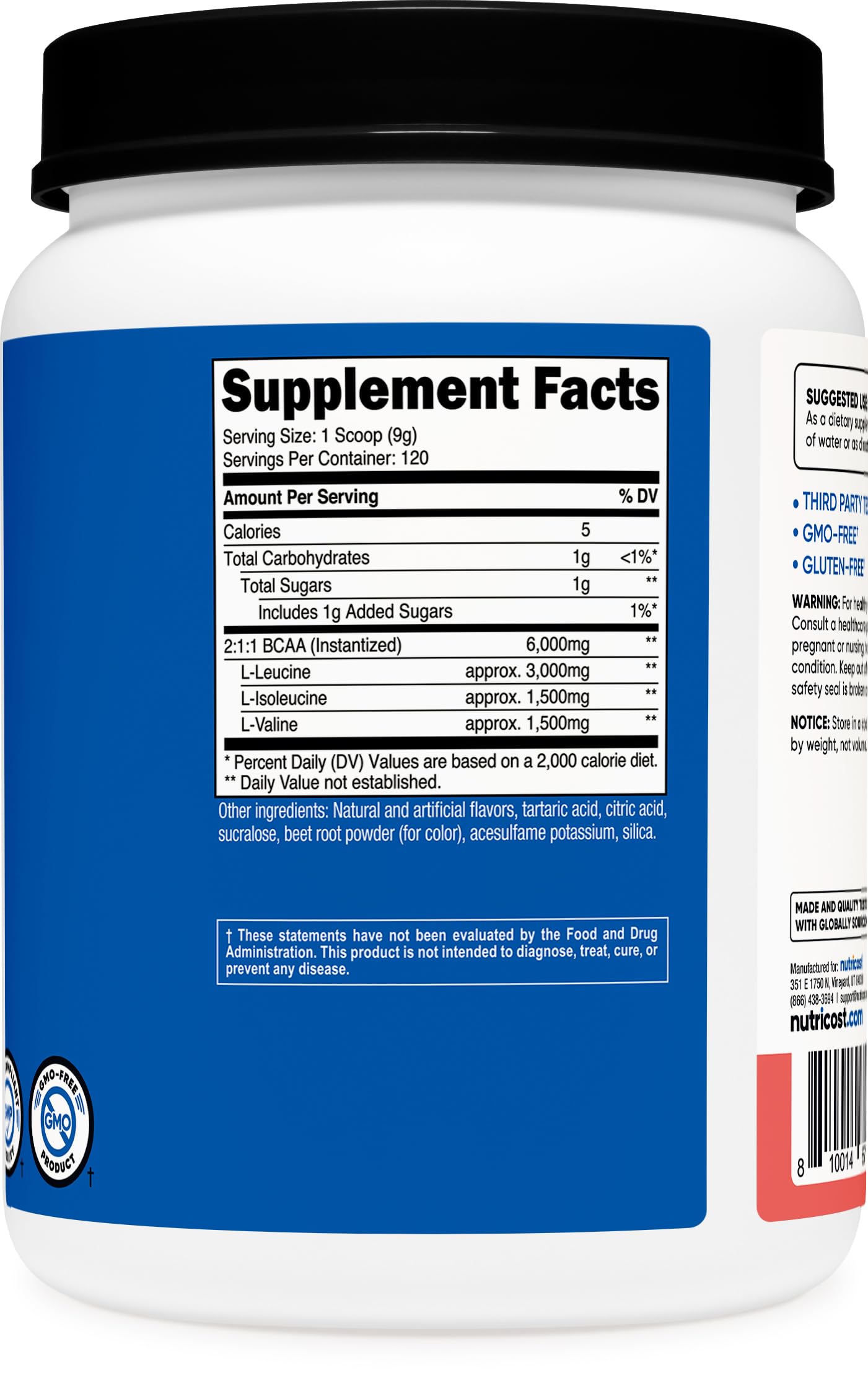 Nutricost BCAA Powder Watermelon nutrition label highlights quality standards.