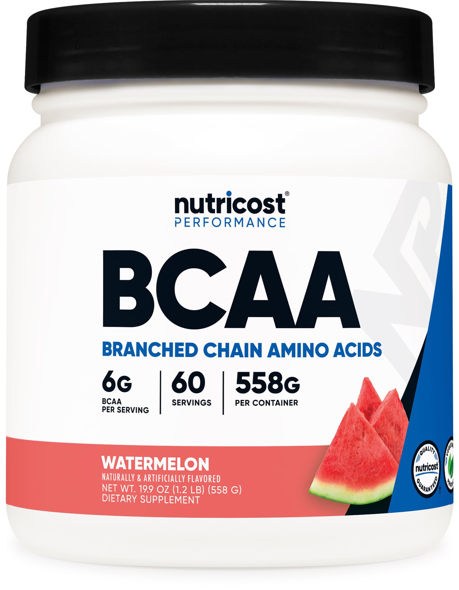 Nutricost BCAA Powder Watermelon tub front view for intense workouts and recovery