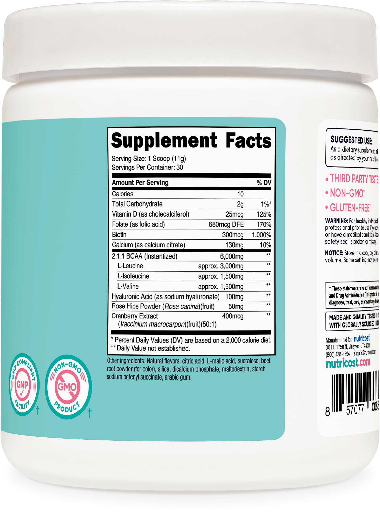 Nutricost BCAA for Women ingredients panel indicating non-GMO and gluten-free