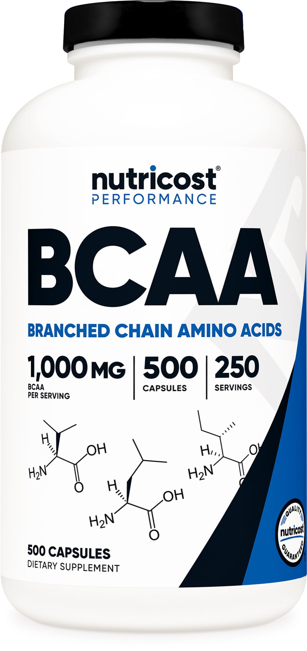 Nutricost BCAA 1000mg bottle front for quick workout recognition