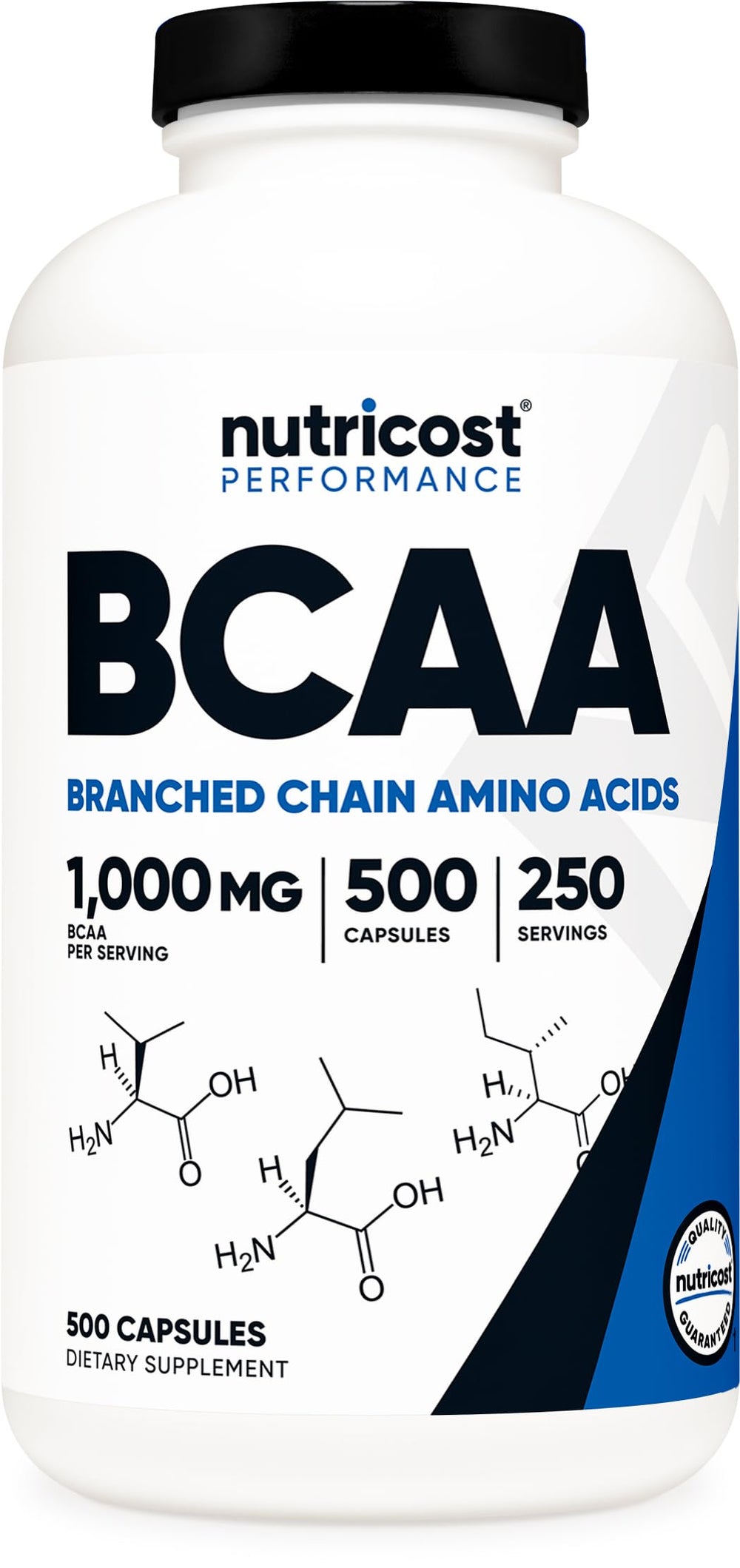 Nutricost BCAA 1000mg bottle front for quick workout recognition