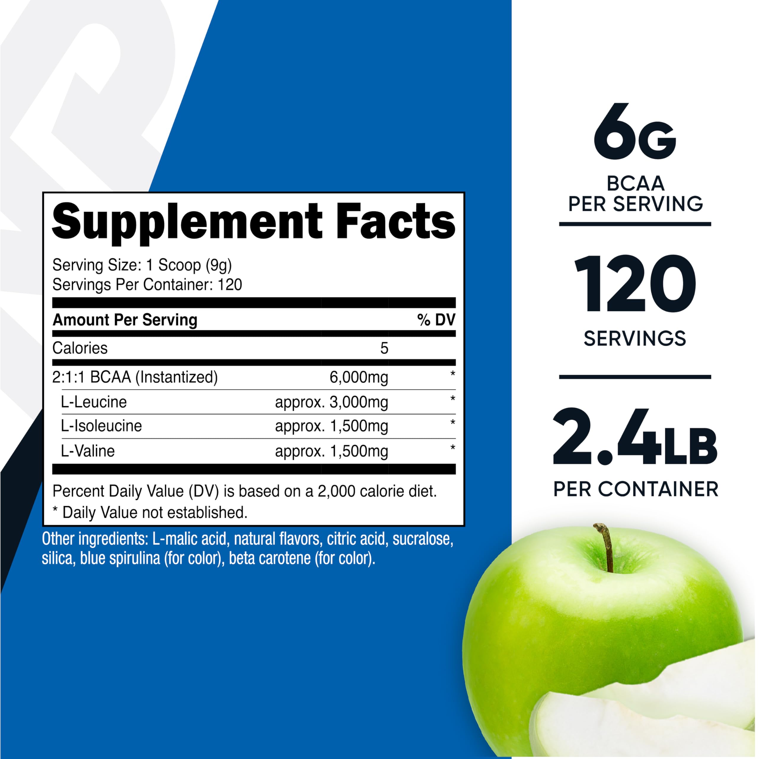 Nutricost BCAA green apple scoop displaying 6 g serving