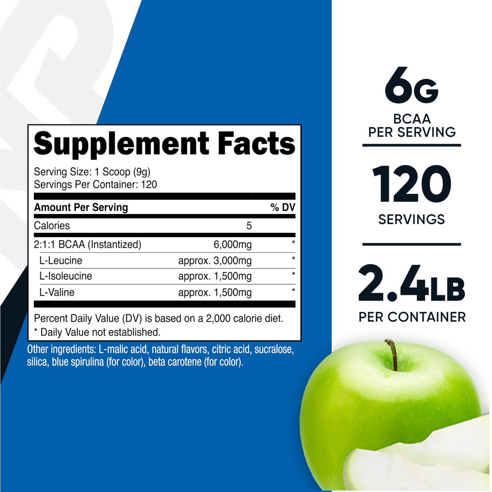 Nutricost BCAA green apple scoop displaying 6 g serving