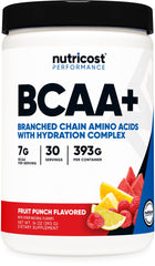 Nutricost BCAA + Hydration Fruit Punch bottle supports workout hydration during training.