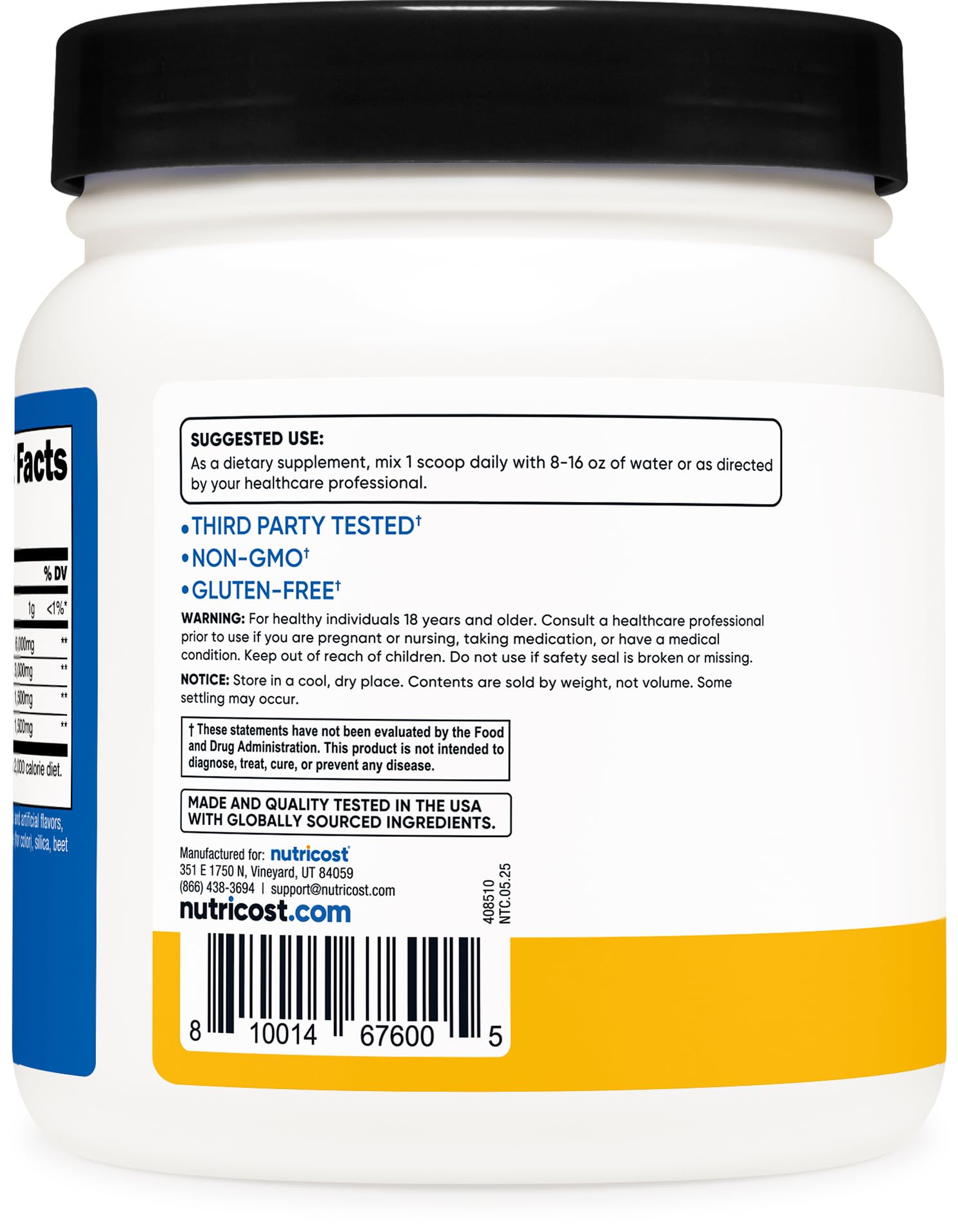 Nutricost BCAA Powder Orange Mango nutrition label highlights gluten-free and non-GMO.