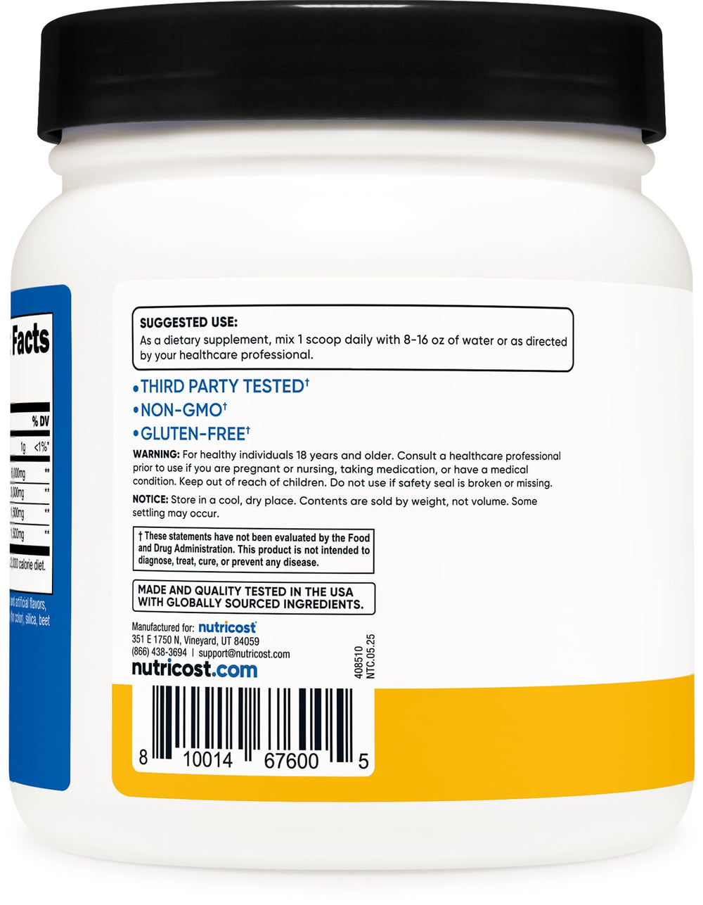 Nutricost BCAA Powder Orange Mango nutrition label highlights gluten-free and non-GMO.
