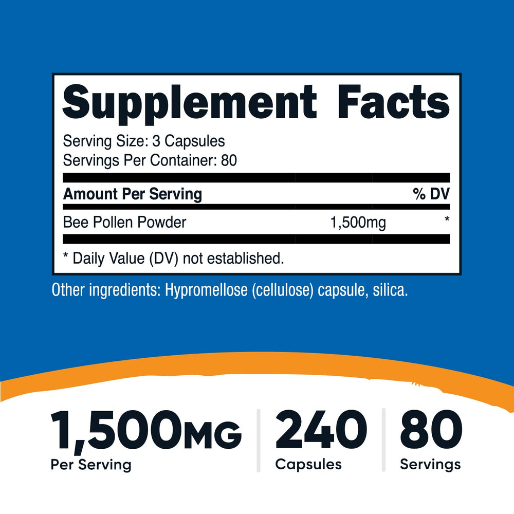 Nutricost Bee Pollen capsules close-up showing dosage potential for daily wellness.