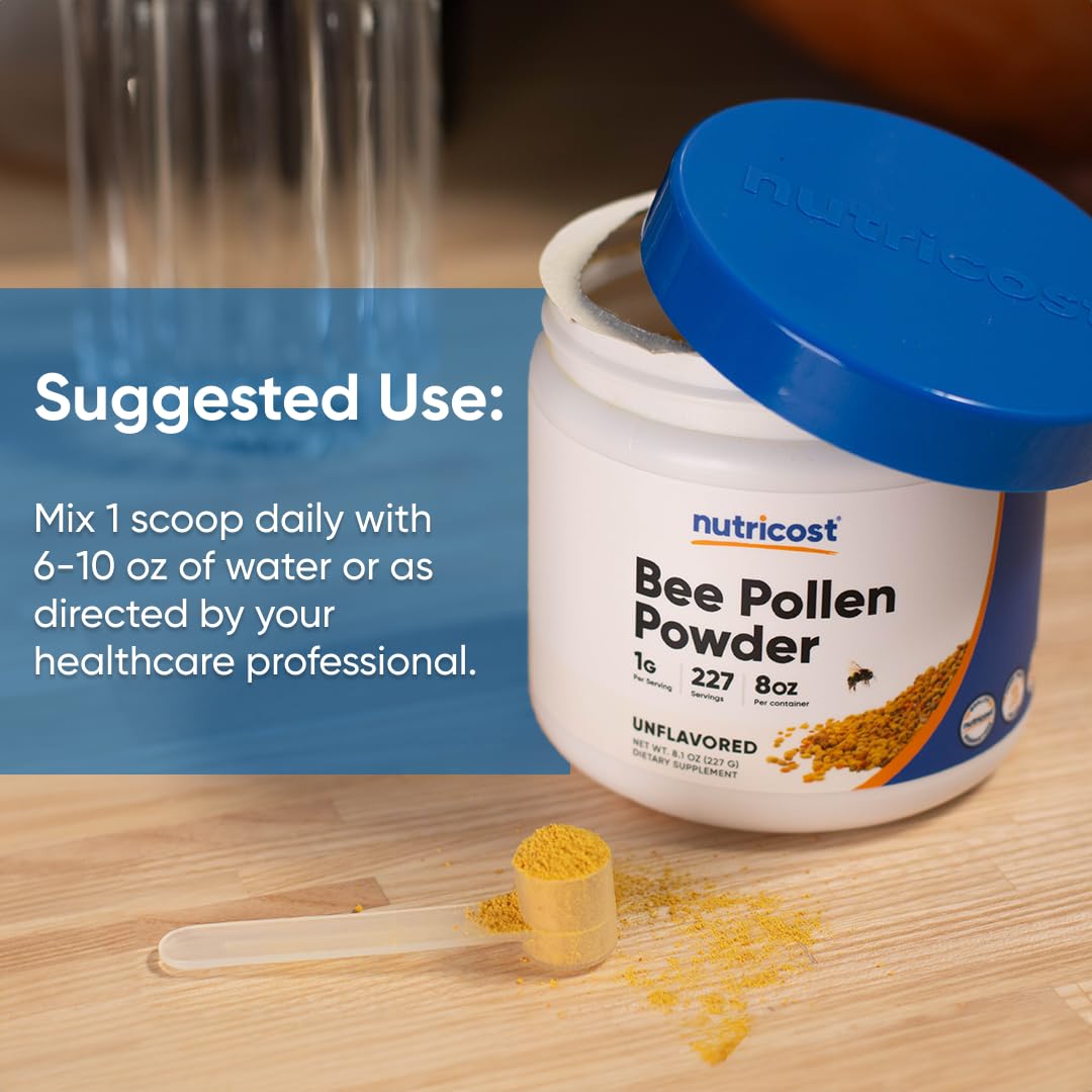 Nutricost Bee Pollen Powder bottle on kitchen counter suggests daily use.