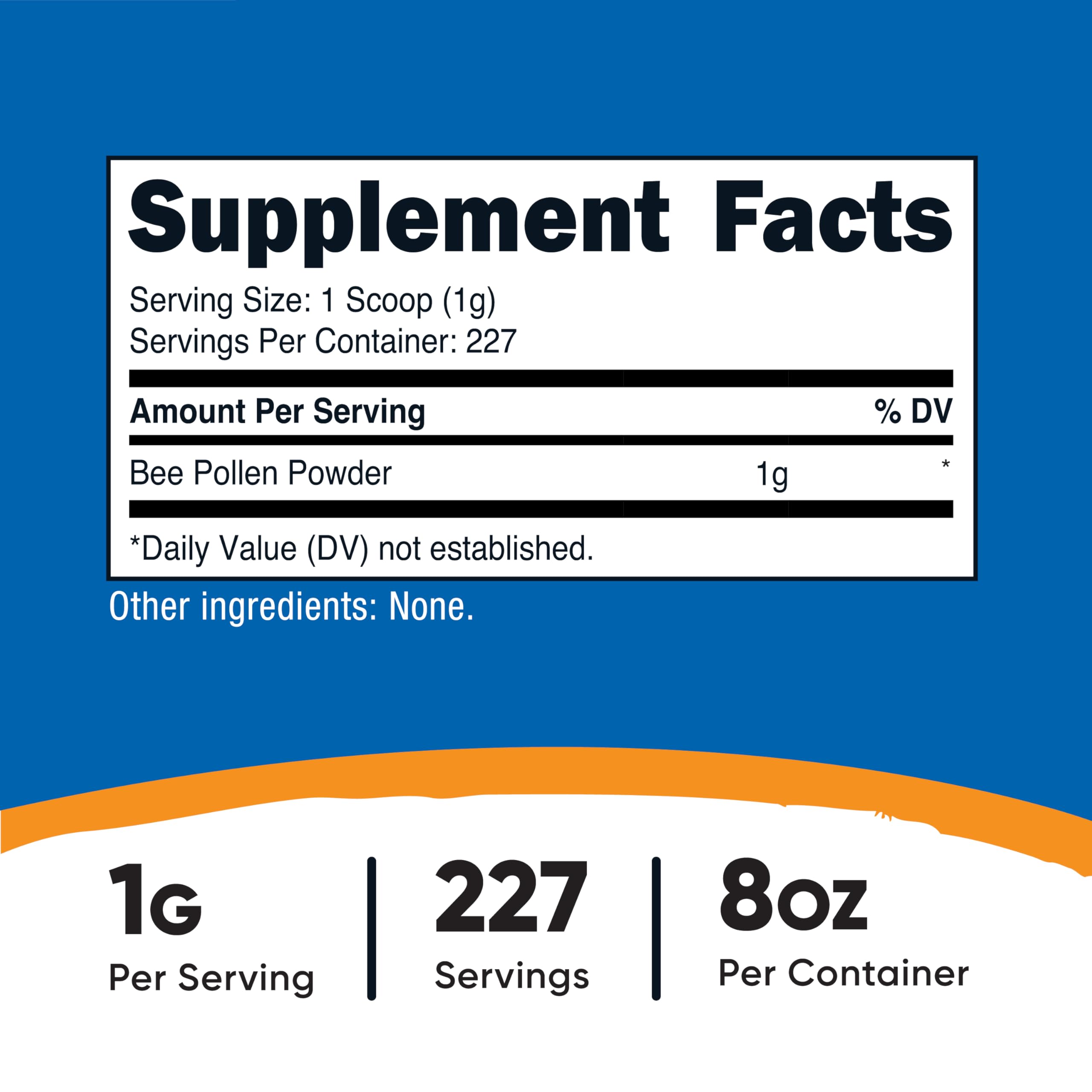 Nutricost Bee Pollen Powder ingredients panel highlights vitamins and minerals for balanced nutrition.