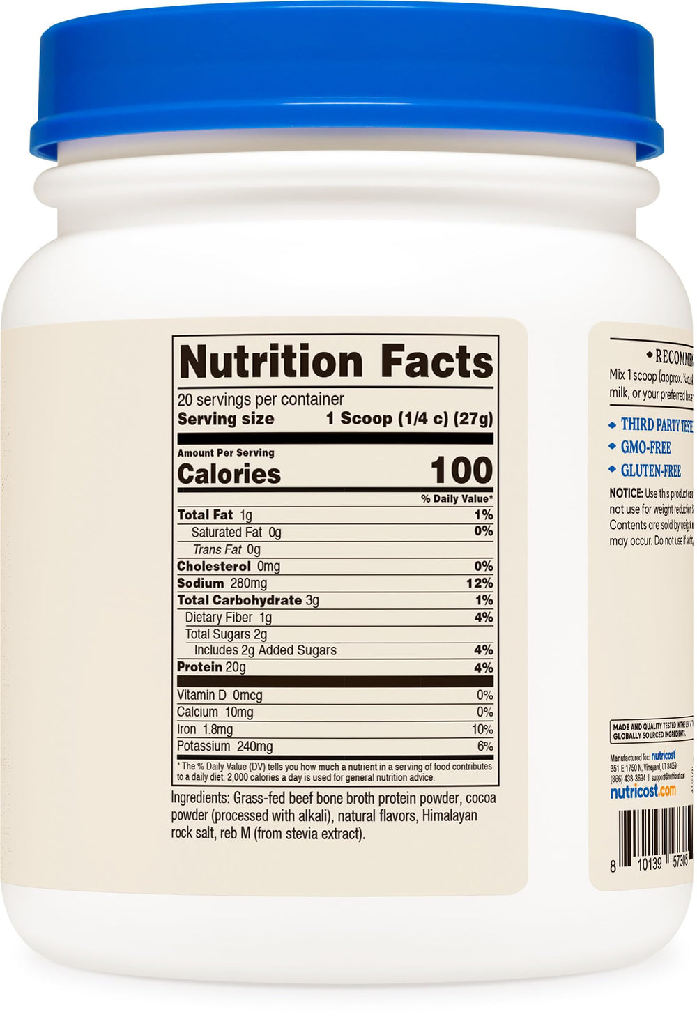 Nutricost label close-up highlights gluten-free GMP certified standards